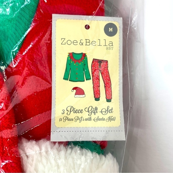 ZOE & BELLA 3 Piece pajama set Pants Top Santa hat Red Green White Christmas - Picture 1 of 4